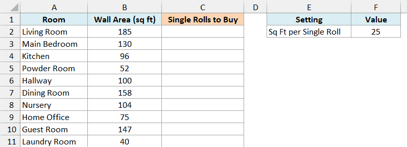 Rooms with wall area, an empty Single Rolls to Buy column, and the square feet per single roll in F2