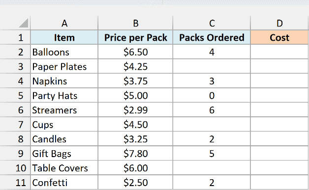 Party supplies with price per pack, packs ordered with some blanks, and an empty Cost column