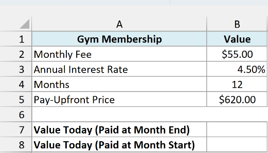 Gym membership at $55 a month for 12 months or $620 upfront, with empty cells for the value today