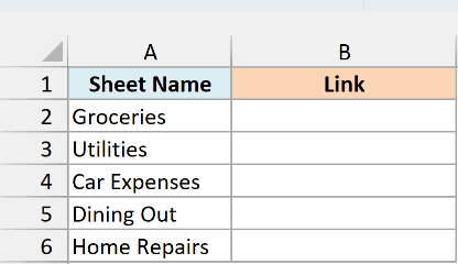 Contents sheet listing five expense sheet names next to an empty Link column