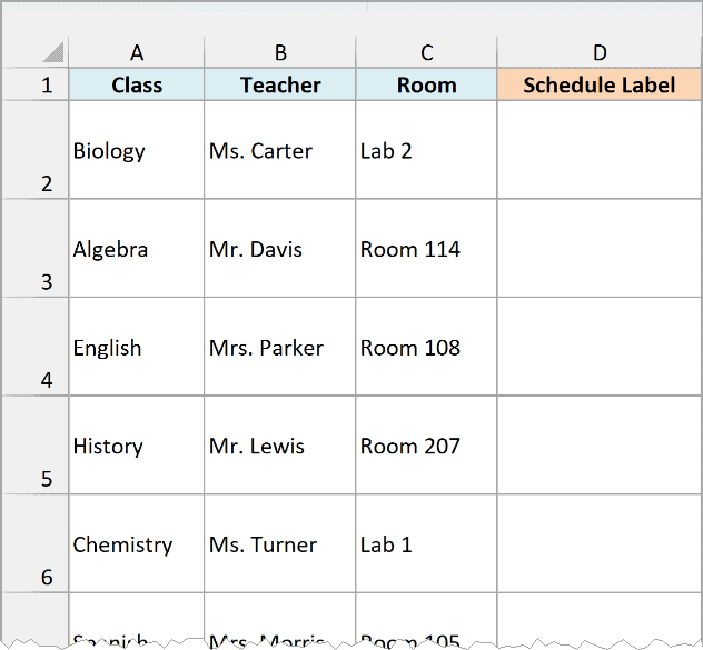 Class schedule with class, teacher, and room columns and an empty Schedule Label column