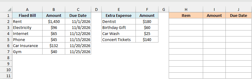 Fixed bills with due dates and extra expenses without dates beside an empty result area