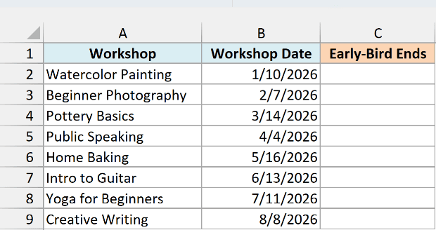 Workshops and workshop dates beside an empty Early-Bird Ends column