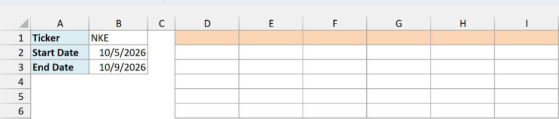 Nike ticker NKE with dates for the week of 10/5/2026 to 10/9/2026, beside an empty result area