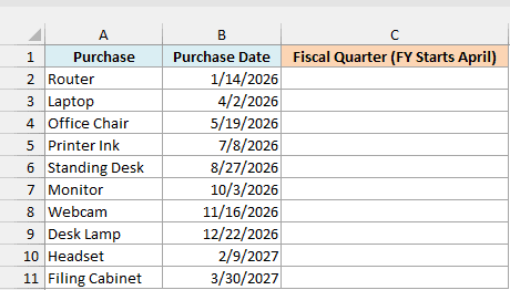 Office equipment purchases show purchase dates beside an empty Fiscal Quarter column labeled FY Starts April