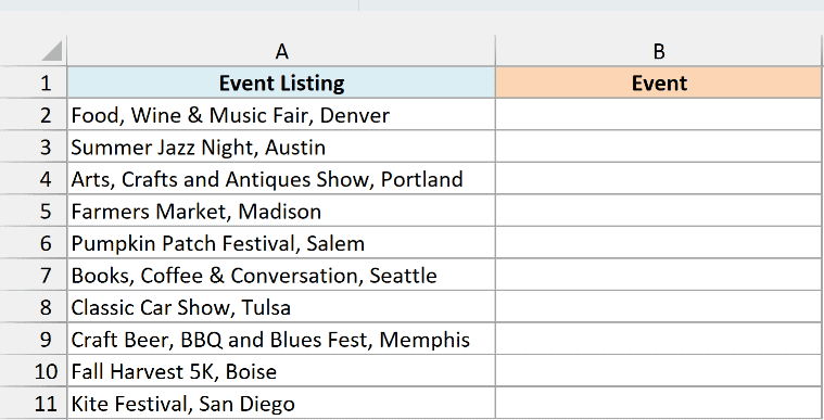 Event listings with a comma and city at the end next to an empty Event column