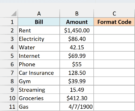 Monthly bills with amounts in mixed number formats next to an empty Format Code column