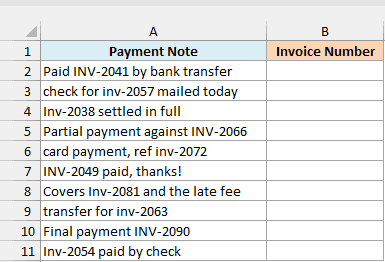 Payment notes with invoice numbers typed as INV, Inv, and inv, beside an empty Invoice Number column