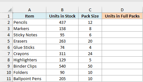 Excel stock list with units in stock, pack size, and an empty Units in Full Packs column