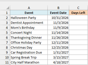 Upcoming events with their dates, beside an empty Days Left column