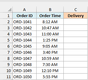 Online grocery orders with the time each order was placed beside an empty Delivery column