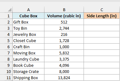 Cube-shaped boxes with the volume in cubic inches beside an empty Side Length column