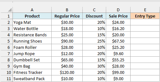 Sports store price list with regular price, discount, sale price, and an empty Entry Type column