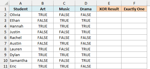 Students with TRUE/FALSE picks for Art, Music, and Drama and empty XOR Result and Exactly One columns