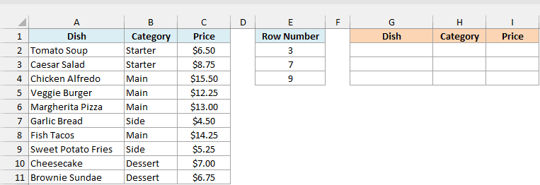 Restaurant menu with dish, category, and price, and the row numbers 3, 7, and 9 typed in E2:E4