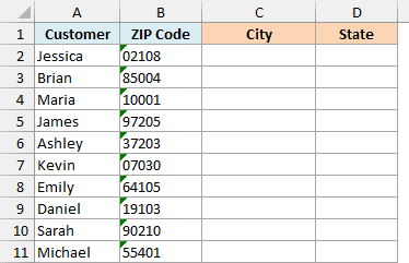 A customer list with ZIP codes stored as text, beside empty City and State columns