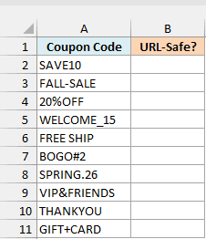 Ten coupon codes next to an empty URL-Safe? column