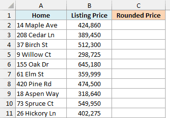 Home listing prices with an empty Rounded Price column