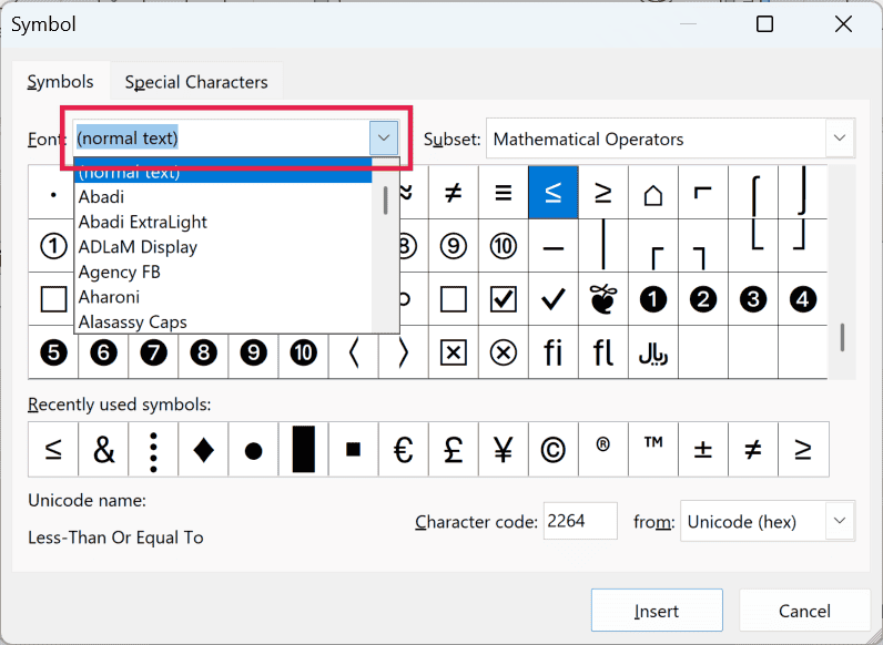 Font drop-down in the Symbols tab of the Symbol dialog box