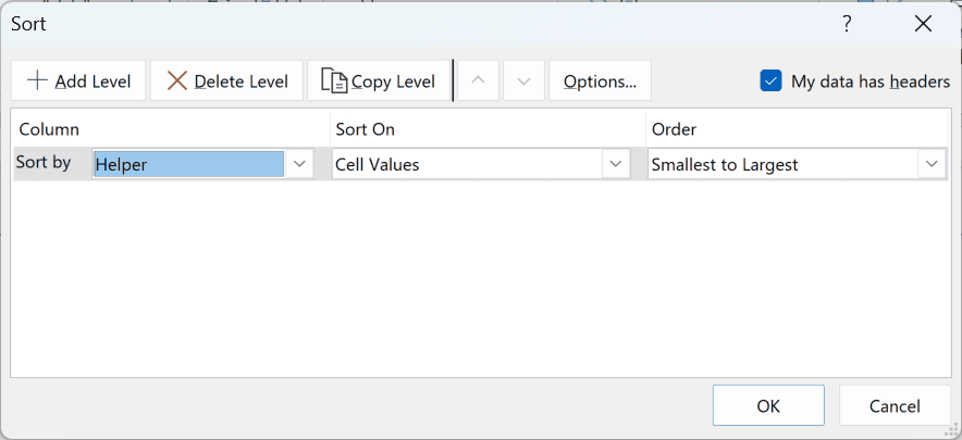 Sort dialog box with Helper selected in the Sort by drop-down