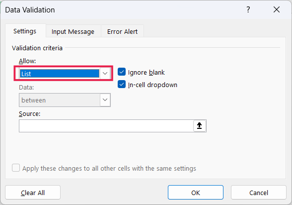 List selected in the Allow field of Data Validation.