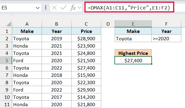 Excel formula bar showing DMAX function for used car prices with criteria for Toyota models from 2020 or later
