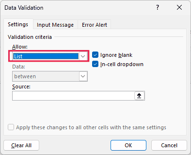 Data Validation dialog box with List selected in the Allow drop-down