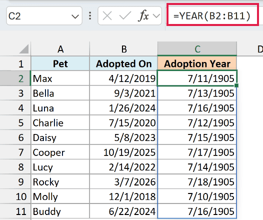 YEAR returns the right years, but column C has a date format, so they display as dates like 7/11/1905