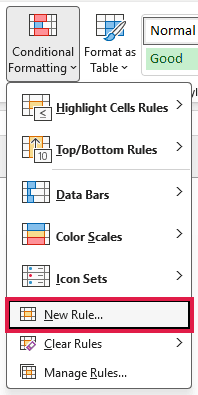New Rule option in the Conditional Formatting menu on the Home tab