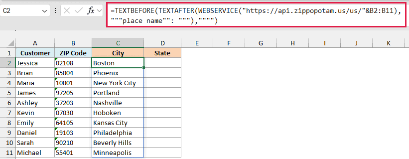 TEXTAFTER and TEXTBEFORE pull the place name out of the JSON that WEBSERVICE returns for each ZIP code