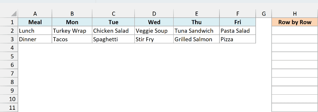 Weekly lunch and dinner plan for Monday to Friday with an empty Row by Row column