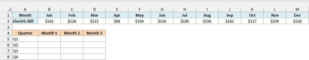 Monthly electric bills from January to December in one row, with an empty Quarter table below
