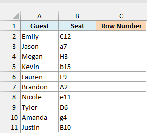 Theater guests with seat labels like C12 and a7 beside an empty Row Number column