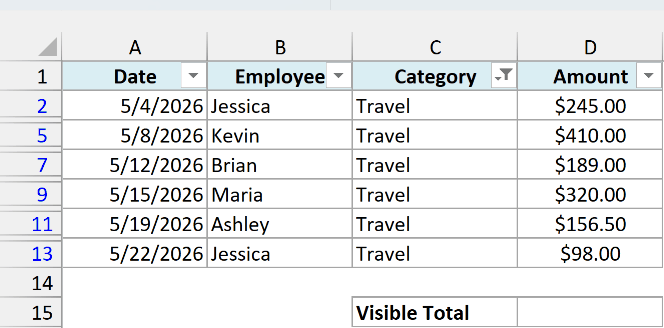 Team expense list filtered to show only Travel expenses, with an empty visible total cell