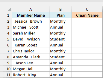 Gym member names with extra spaces and hidden tabs and line breaks, beside an empty Clean Name column