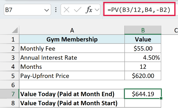 PV formula values month-end gym fees at $644.19 today