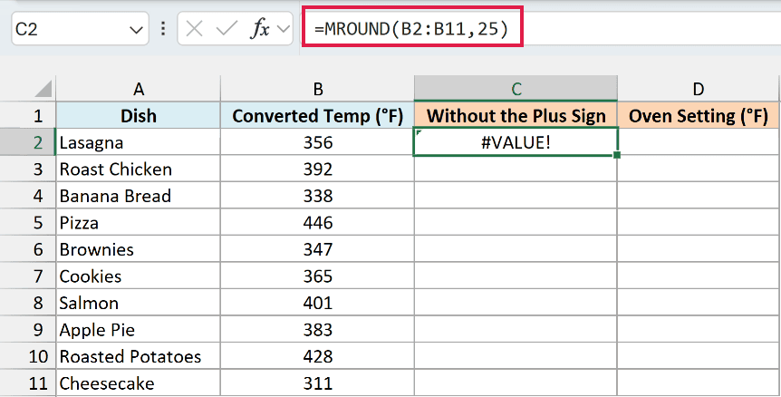 MROUND given the whole range B2:B11 returns a single #VALUE! error instead of spilling