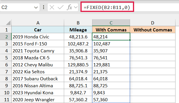 FIXED with 0 decimals in C2 shows each mileage as a whole number with commas