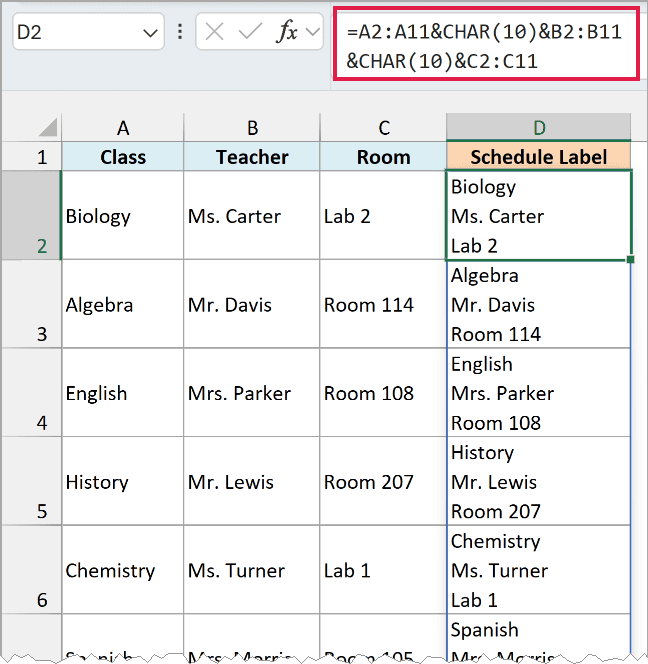 Formula using CHAR(10) to put the class, teacher, and room on separate lines in one cell