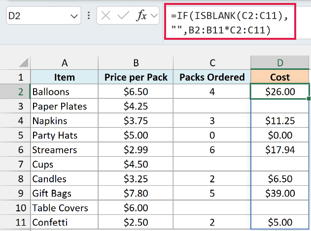 IF and ISBLANK formula leaving the cost empty where packs ordered is blank