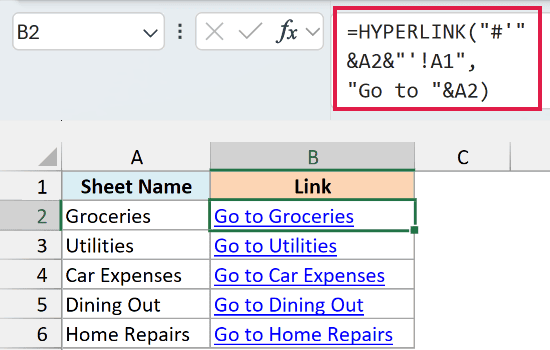 HYPERLINK formula in B2 creates a Go to link for each expense sheet in the workbook