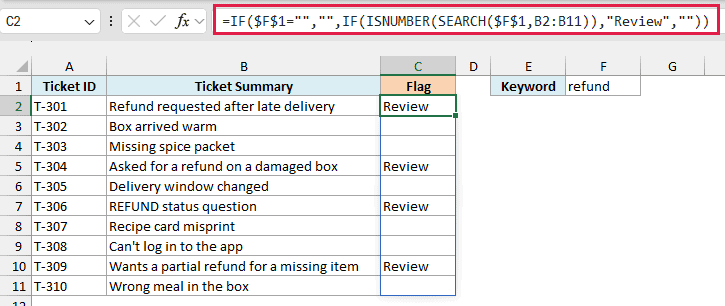 ISNUMBER and SEARCH formula marking support tickets containing refund with Review