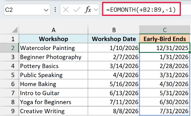 EOMONTH with -1 sets the Watercolor Painting early-bird deadline to 12/31/2025