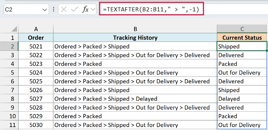TEXTAFTER formula with instance_num -1 returning the latest status after the last > sign