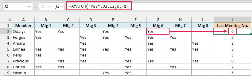 XMATCH returns each member's last meeting, with an arrow linking Odalys's attendance to 6.