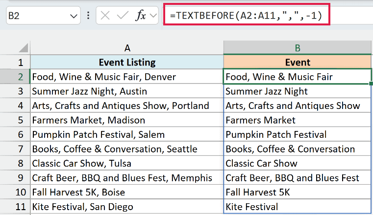 TEXTBEFORE with instance_num -1 returns the event name before the last comma