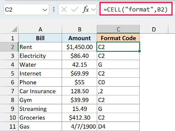 CELL format formula returns C2, C0, G, ,2 and D4 codes for the bill amounts