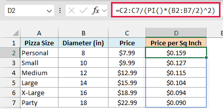 Price divided by pizza area shows the Party pizza at $0.090 per square inch versus $0.159 for the Personal