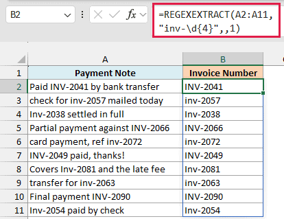 REGEXEXTRACT with case_sensitivity set to 1 finds every invoice number regardless of case and keeps the original case