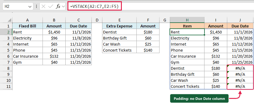 VSTACK stacks bills and extra expenses, showing #N/A for four missing due dates